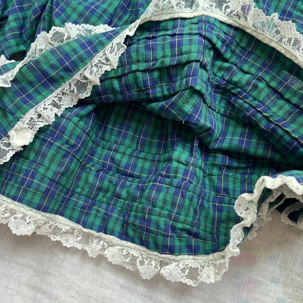 Plaid Lace Ruffle Dress‎ Girls 2T Green Tartan Prairie Cottagecore